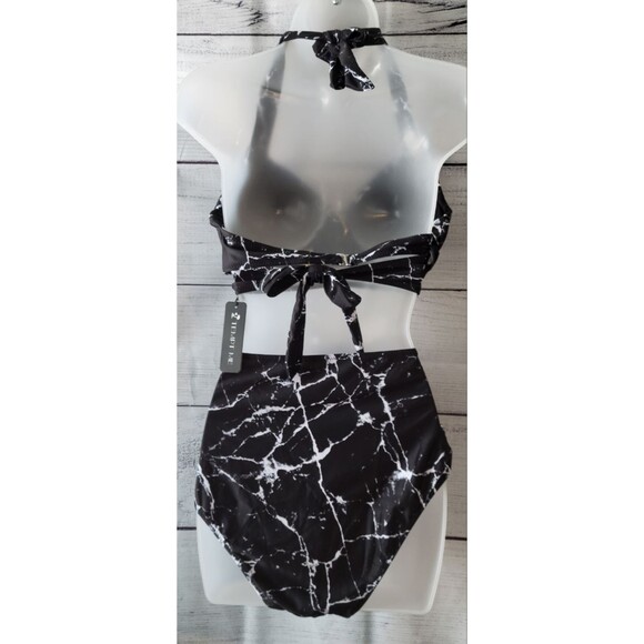 High Waist Push Up Black Marble Retro Halter Bikini Sz L - Picture 4 of 5